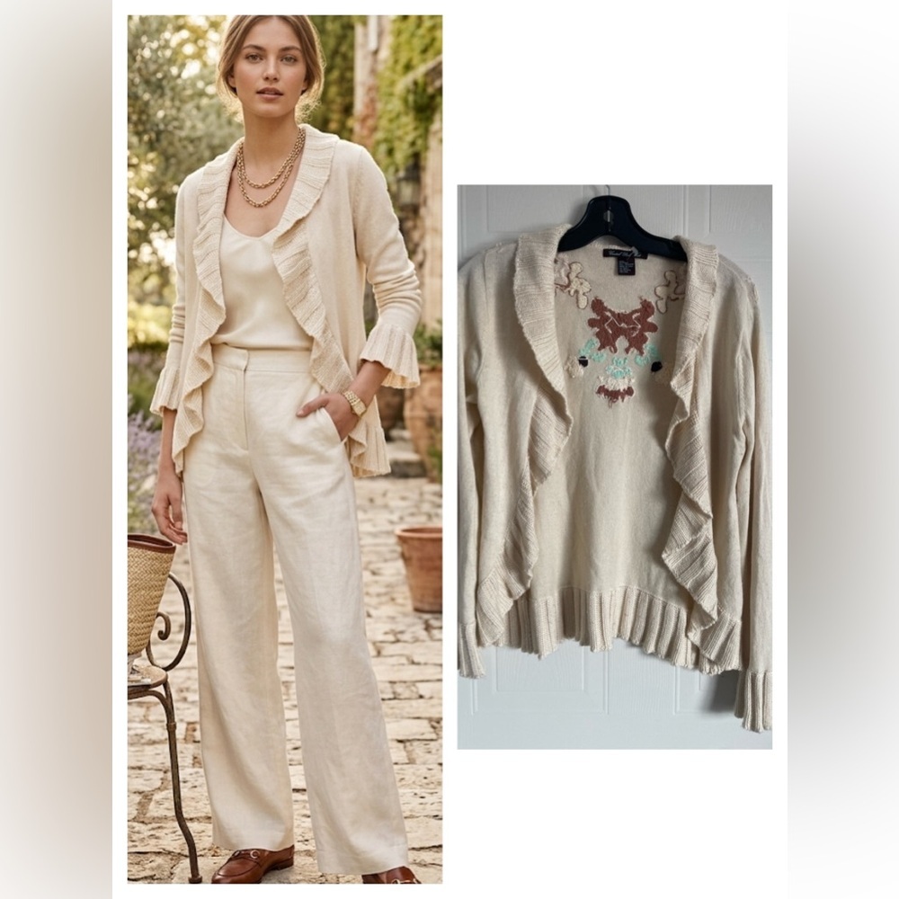 Cream Silk Cashmere Cardigan Embroidered Size L Romantic Classic Style